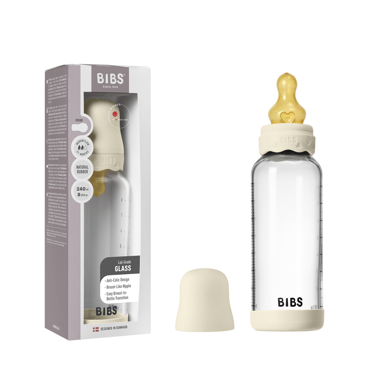 BIBS - Set complet biberon Boheme din sticla anticolici cu tetina din latex, flux mediu, 240 ml, Ivory