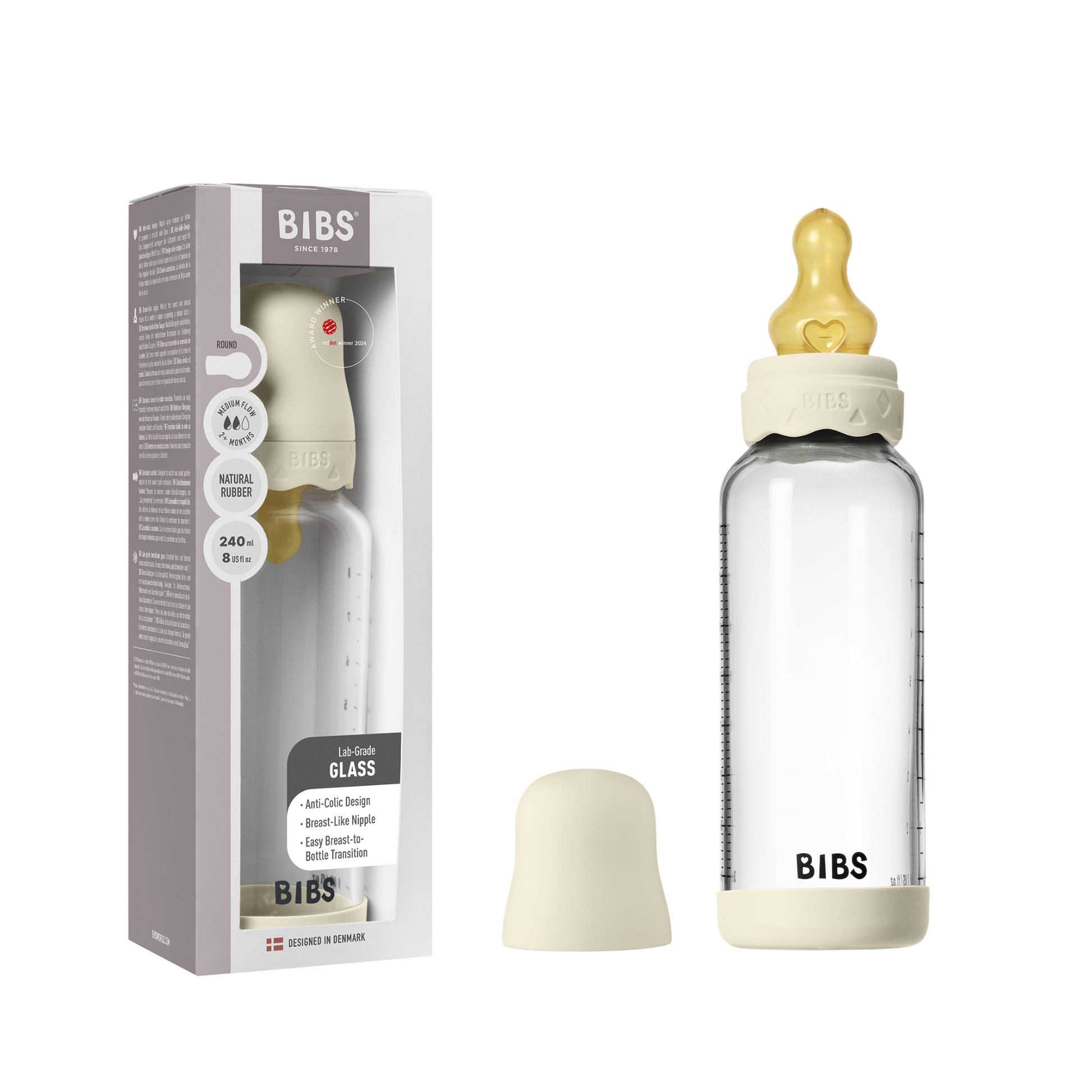 BIBS - Set complet biberon Boheme din sticla anticolici cu tetina din latex, flux mediu, 240 ml, Ivory