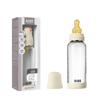BIBS - Set complet biberon Boheme din sticla anticolici cu tetina din latex, flux mediu, 240 ml, Ivory