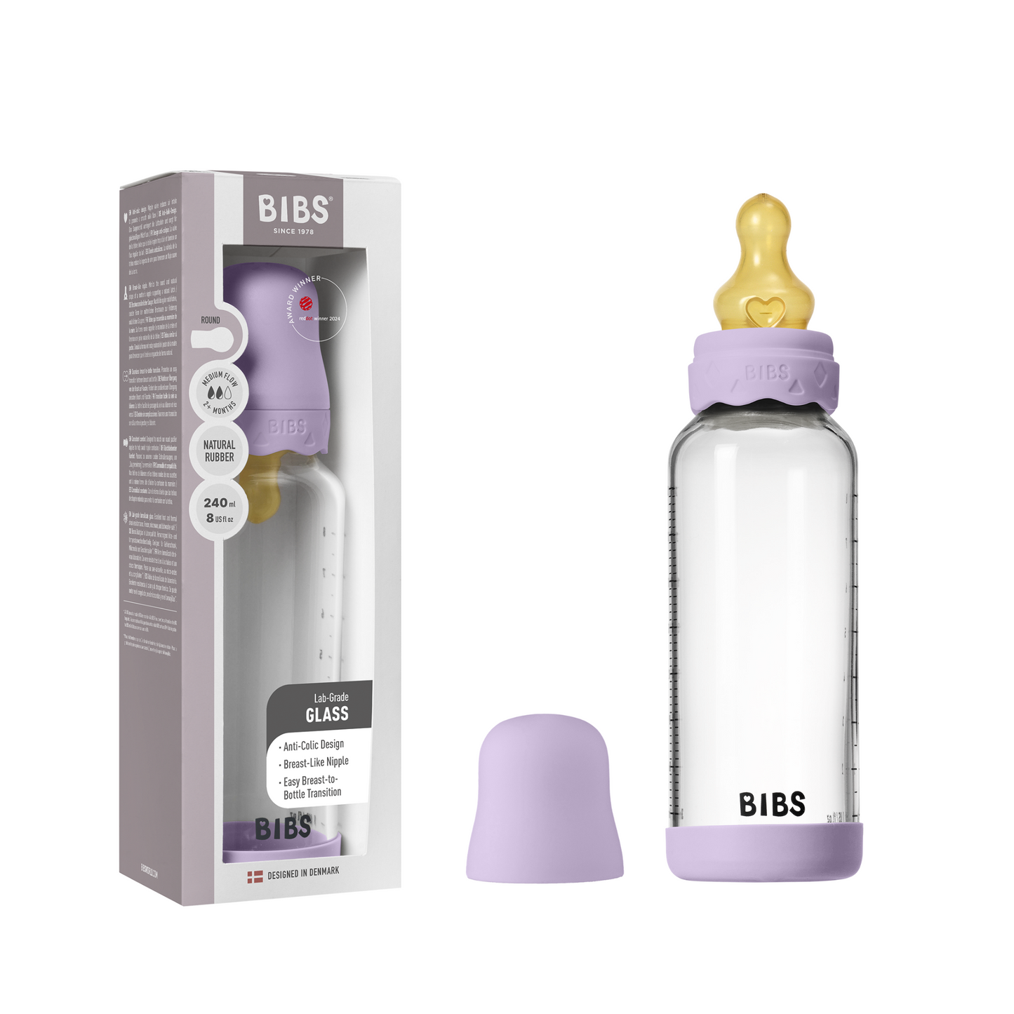 BIBS - Set complet biberon Boheme din sticla anticolici cu tetina din latex, flux mediu, 240 ml, Violet Sky