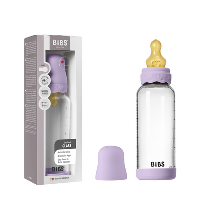 BIBS - Set complet biberon Boheme din sticla anticolici cu tetina din latex, flux mediu, 240 ml, Violet Sky