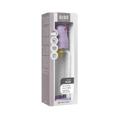 BIBS - Set complet biberon Boheme din sticla anticolici cu tetina din latex, flux mediu, 240 ml, Violet Sky