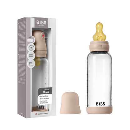 BIBS - Set complet biberon din sticla anticolici cu tetina din latex, flux mediu, 240 ml, Blush