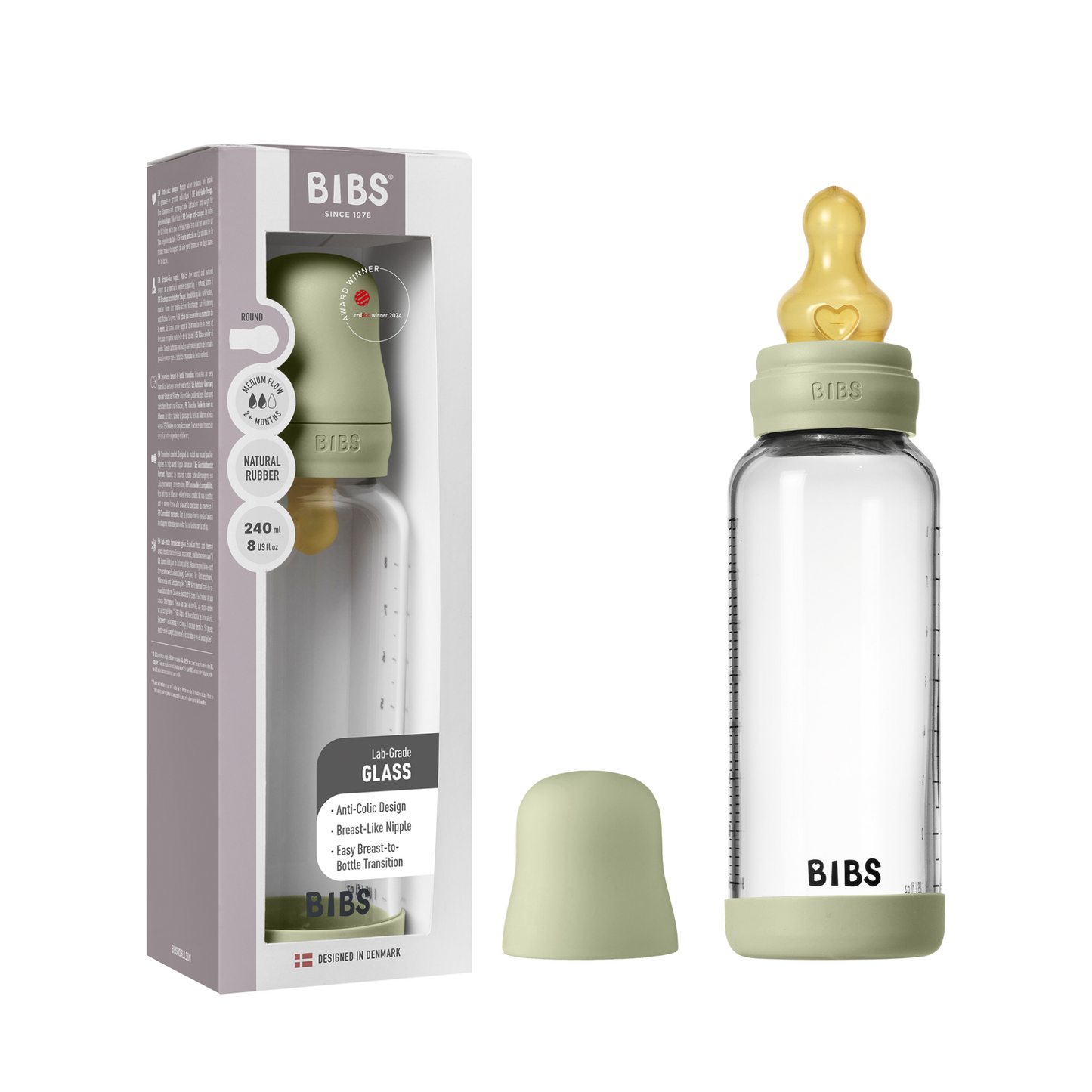 BIBS - Set complet biberon din sticla anticolici cu tetina din latex, flux mediu, 240 ml, Sage