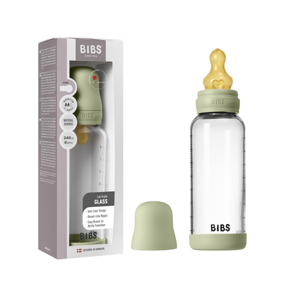 BIBS - Set complet biberon din sticla anticolici cu tetina din latex, flux mediu, 240 ml, Sage