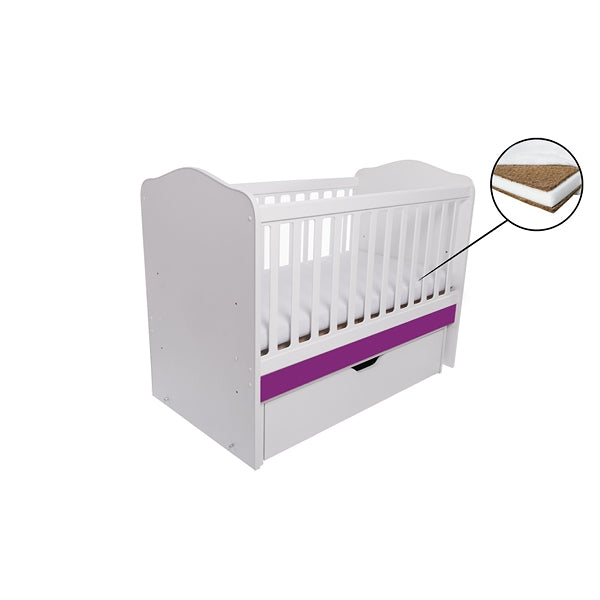 Patut VESSANTI Como Balansoar - Alb cu Violet + Saltea cocos confort 120 x 60 x 12 cm