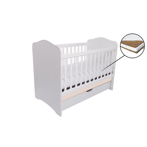 Patut VESSANTI Como cu sertar - Alb cu Bej + Saltea cocos confort 120 x 60 x 12 cm