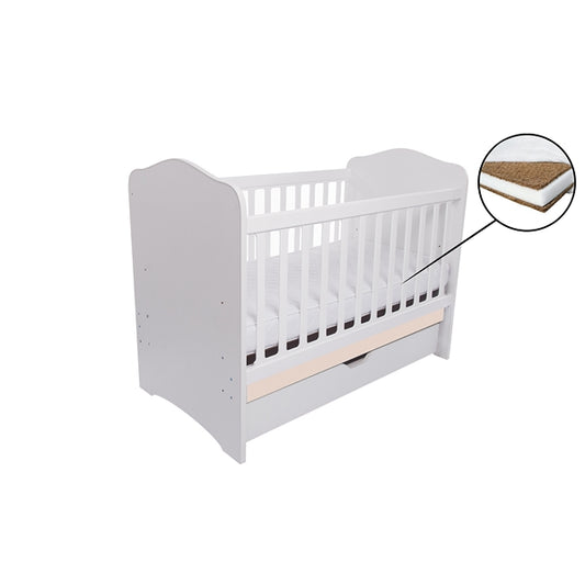 Patut VESSANTI Como cu sertar - Alb cu Bej + Saltea cocos confort 120 x 60 x 12 cm