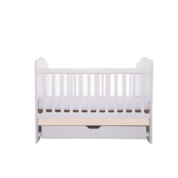 Patut VESSANTI Como cu sertar - Alb cu Bej + Saltea cocos confort 120 x 60 x 12 cm