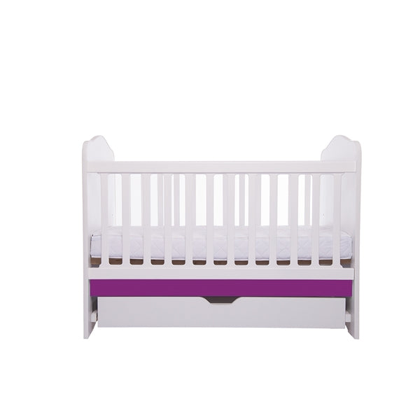 Patut VESSANTI Como cu sertar - Alb cu Violet + Saltea cocos confort 120 x 60 x 12 cm