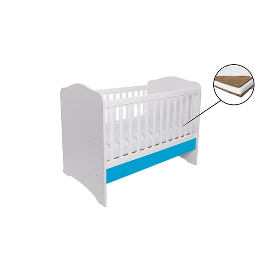 Patut VESSANTI Como fara sertar - Alb cu Albastru + Saltea cocos confort 120 x 60 x 12 cm