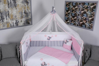 Lenjerie MyKids 11  piese Elephant gri-roz cu baldachin 120x60 cm