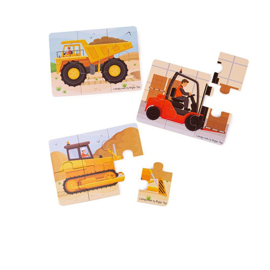 Set 3 puzzle din lemn - Vehicule pentru constructii