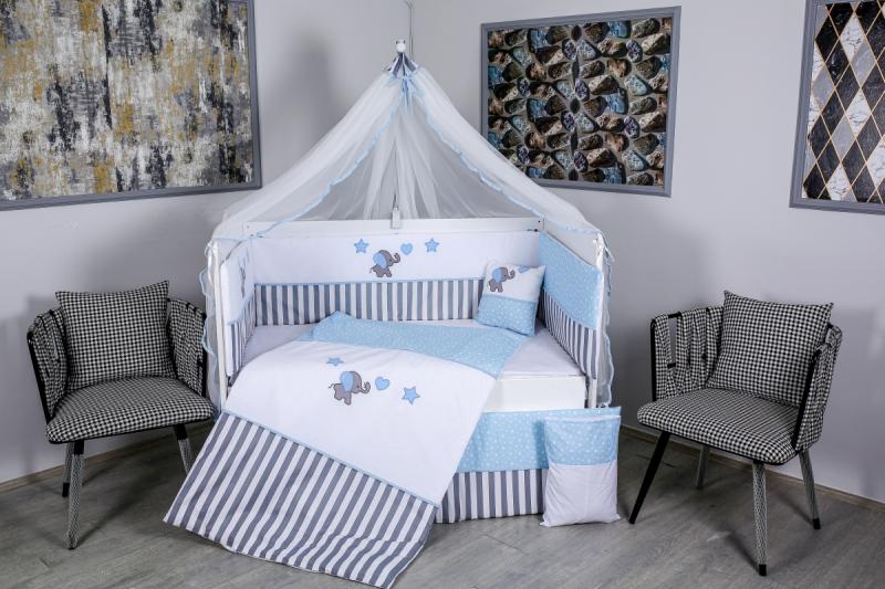 Lenjerie MyKids 9 piese Elephant gri-albastru fara baldachin 120x60 cm