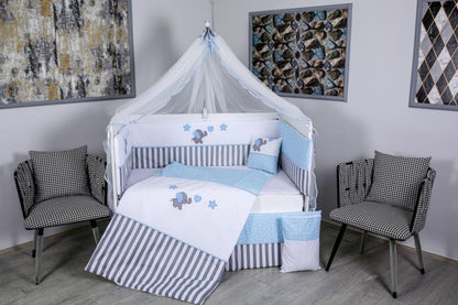 Lenjerie MyKids 9 piese Elephant gri-albastru fara baldachin 120x60 cm