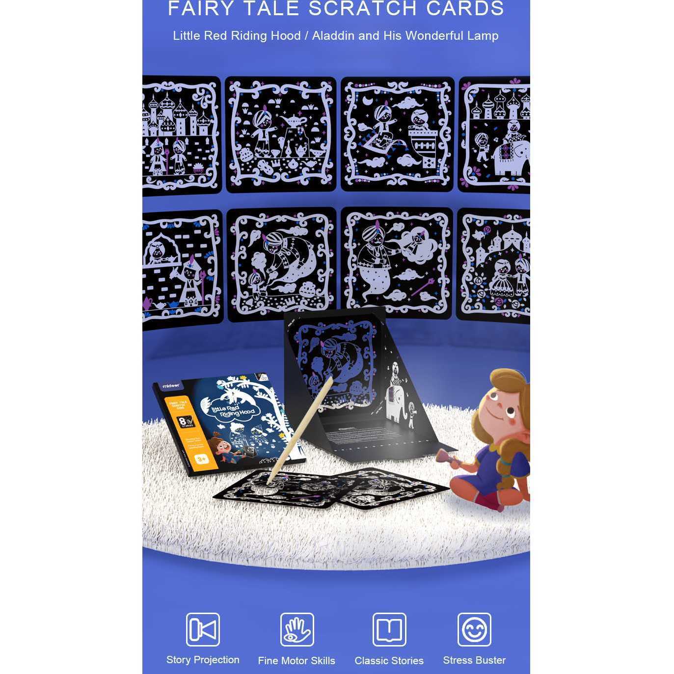 Set educativ 2 in 1: Scratch art si proiector poveste Aladin si lampa fermecata Mideer MD4149