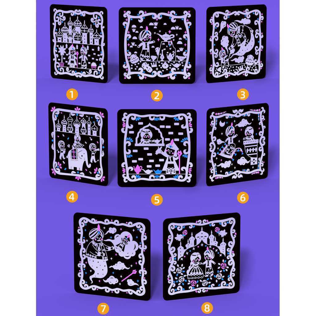 Set educativ 2 in 1: Scratch art si proiector poveste Aladin si lampa fermecata Mideer MD4149