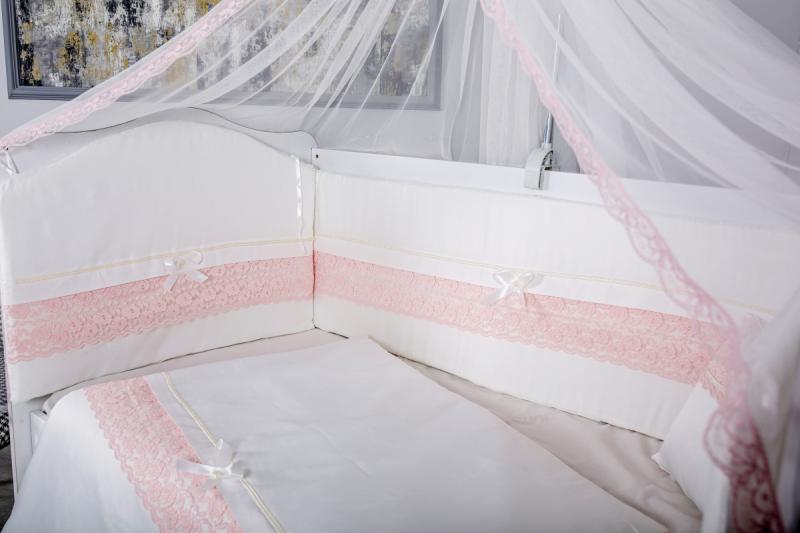Lenjerie MyKids 11 piese Cream roz cu baldachin 120x60 cm