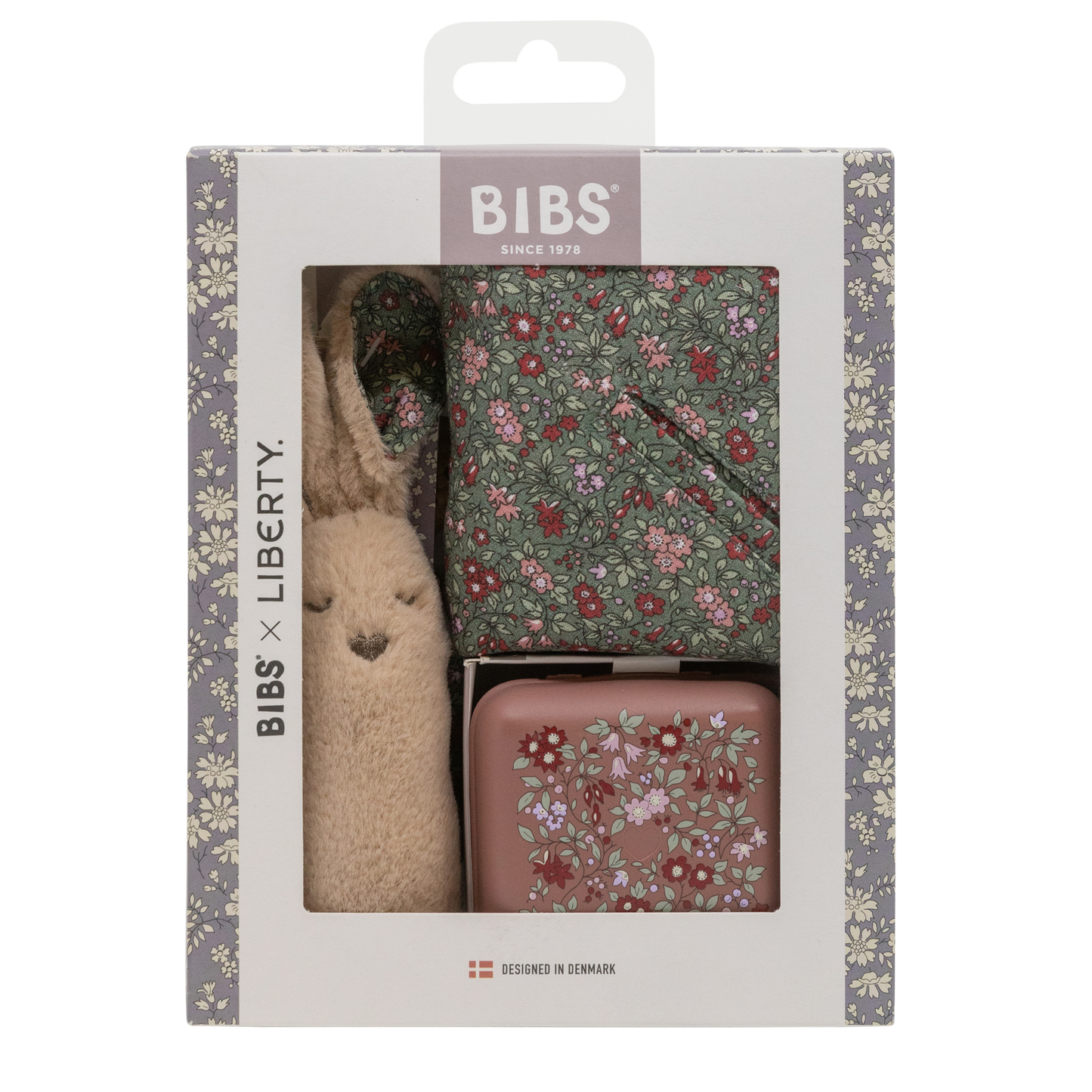 BIBS X Liberty Bundle - Set cutie cadou cu bavetica, cutie de suzeta, clip suzeta si jucarie multisenzoriala