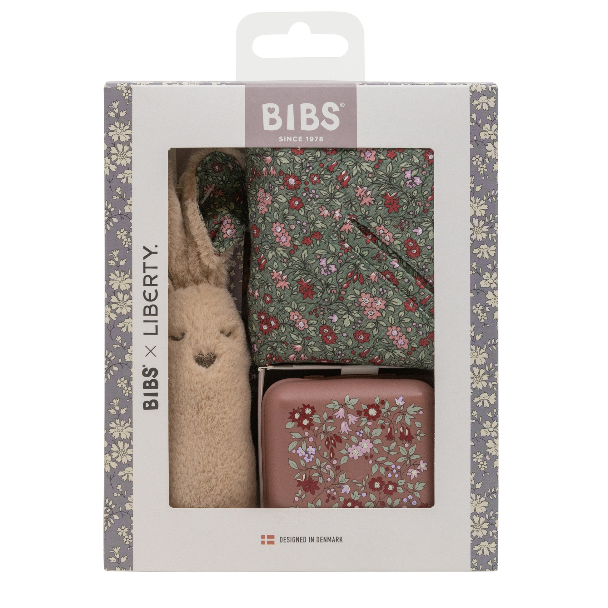 BIBS X Liberty Bundle - Set cutie cadou cu bavetica, cutie de suzeta, clip suzeta si jucarie multisenzoriala