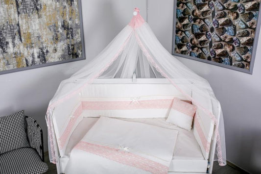 Lenjerie MyKids 11 piese Cream roz cu baldachin 120x60 cm