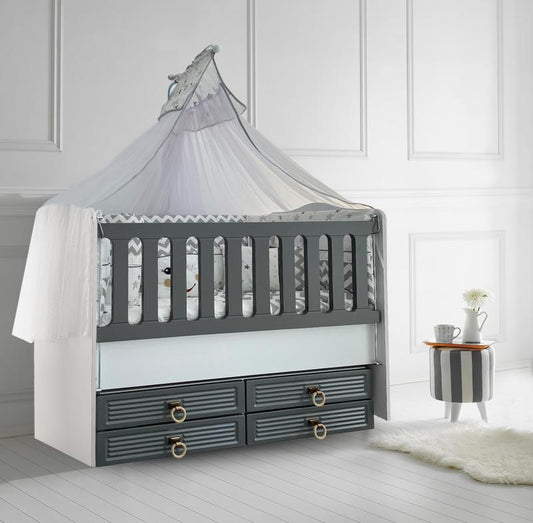 Patut cu leganare si lat. culisabila MyKids Olivia Alb Gri 130x70