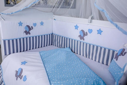 Lenjerie MyKids 9 piese Elephant gri-albastru fara baldachin 120x60 cm