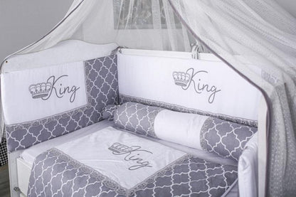 Lenjerie MyKids 10 piese King gri-alb cu baldachin 120x60 cm