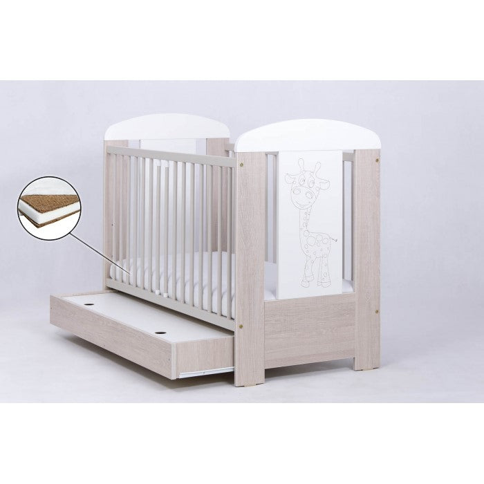 Patut Drewex Giraffe cu sertar - Natur cu Alb + Saltea Cocos 10 Cm