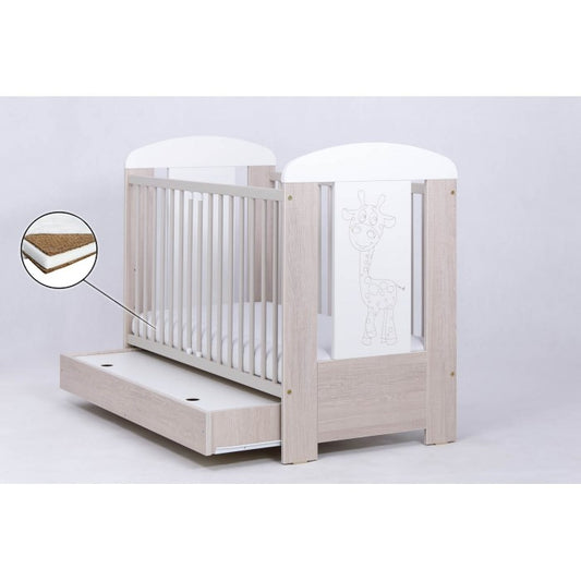 Patut Drewex Giraffe cu sertar - Natur cu Alb + Saltea Cocos 10 Cm