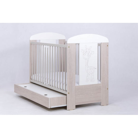 Patut Drewex Giraffe cu sertar - Natur cu Alb + Saltea Cocos 10 Cm