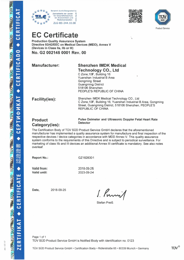 Pulsoximetru pentru deget, Certificat Medical