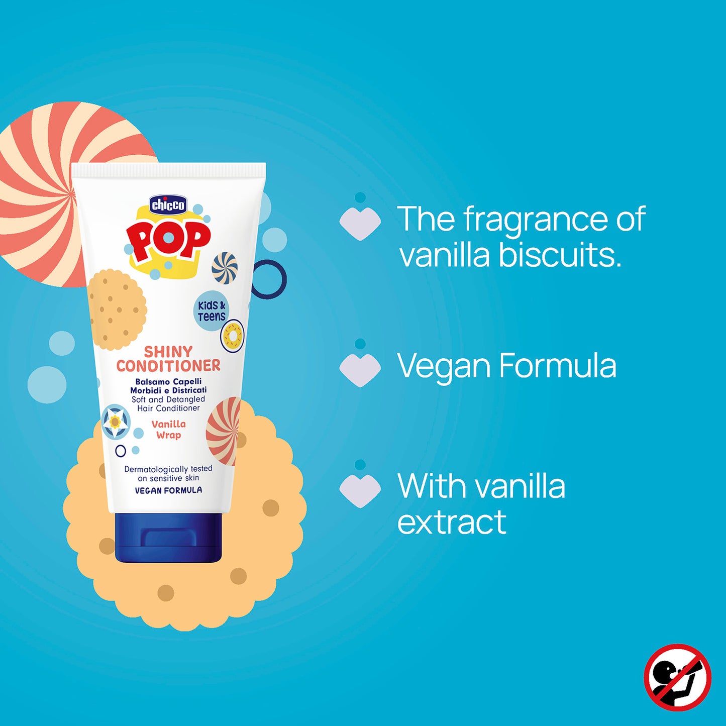 Balsam pentru un par stralucitor, Chicco POP cu aroma de prajitura cu vanilie, formula vegana, pentru copii si adolescenti, 150 ml