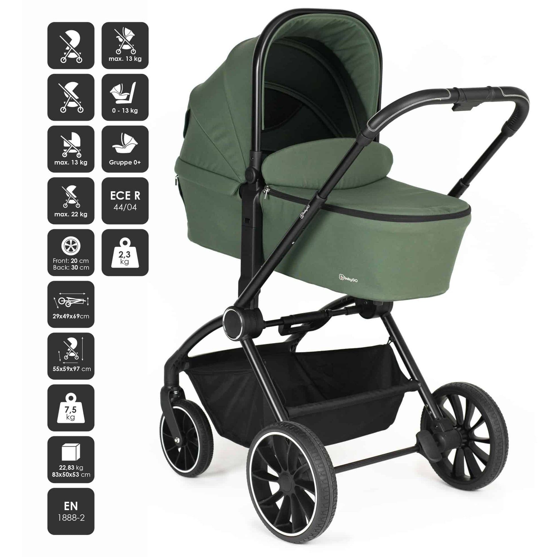 BabyGo - Carucior 3 in 1 Harmony Green cu maner reglabil pe inaltime, cadru Black