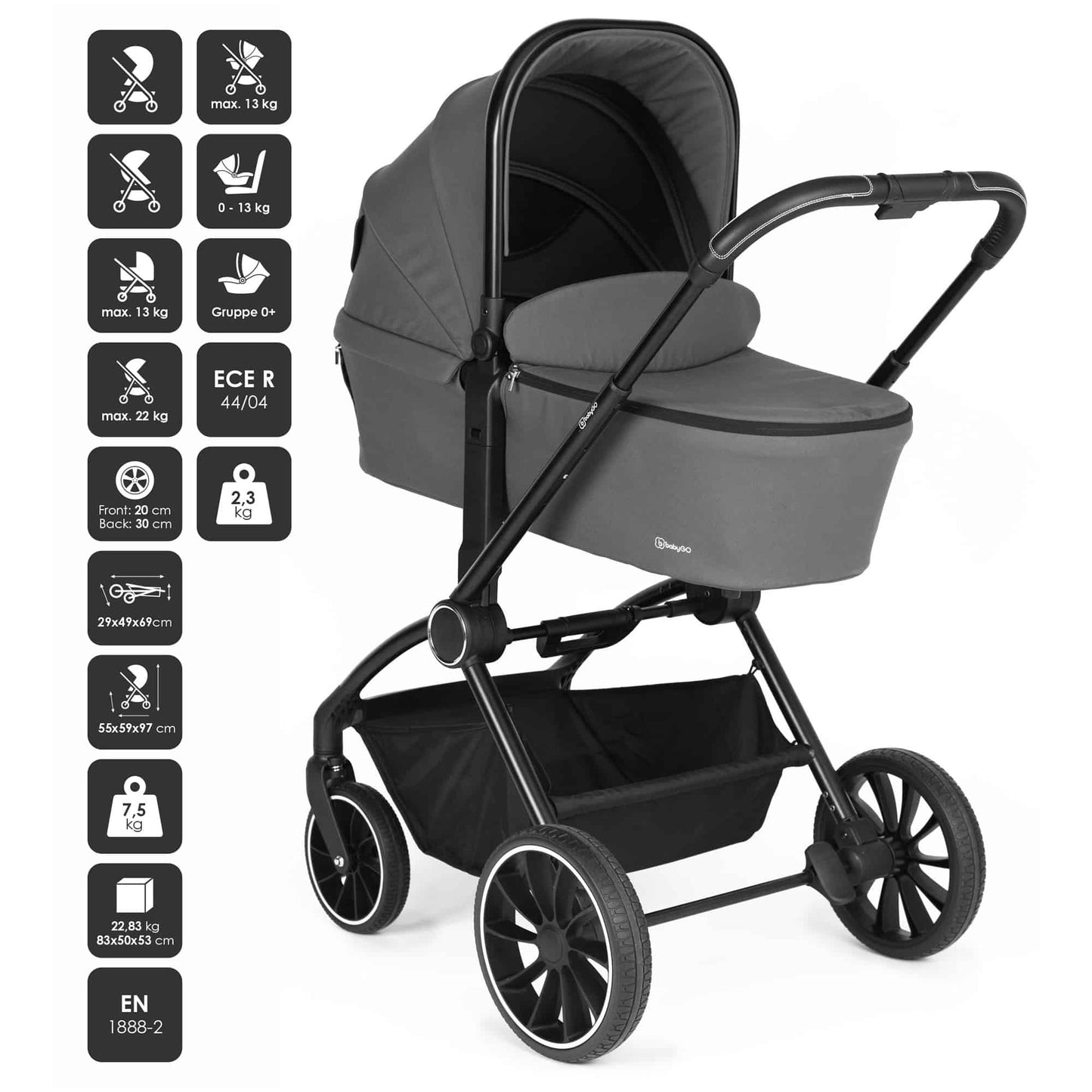 BabyGo - Carucior 3 in 1 Harmony Grey cu maner reglabil pe inaltime, cadru Black