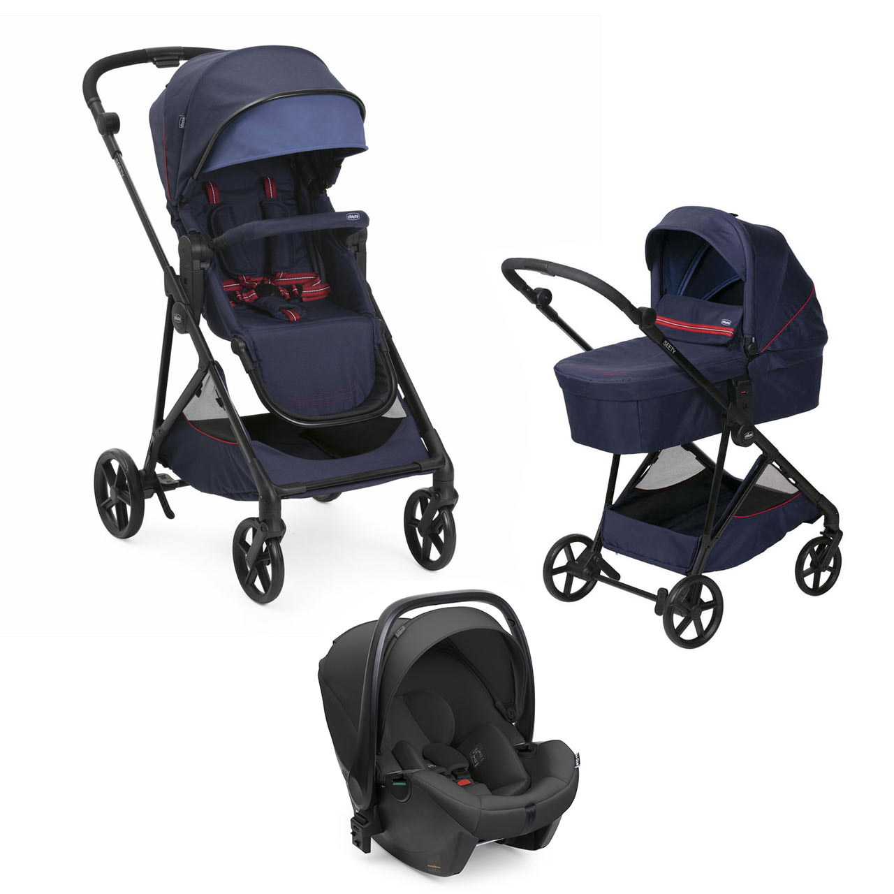 Carucior copii 3 in 1 Chicco Seety, cu scaun auto Kory Plus I-Size, OxFord Blue (Albastru), 0luni+