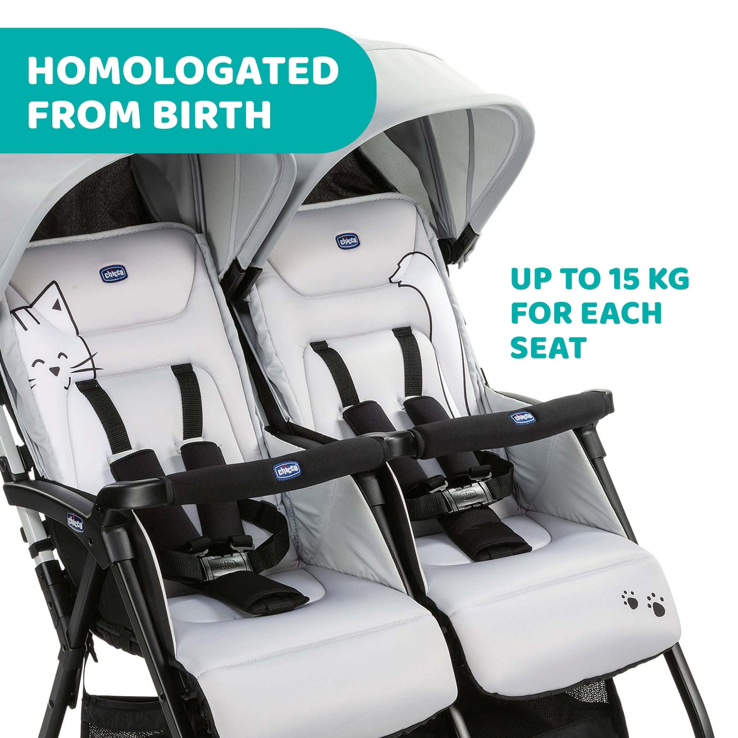 Carucior gemeni Chicco Ohlala, Silver Cat (Gri), 0luni+