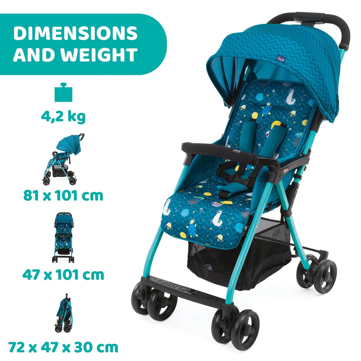 Carucior sport Chicco Ohlala 3, Sloth In Space (Albastru), 0luni+
