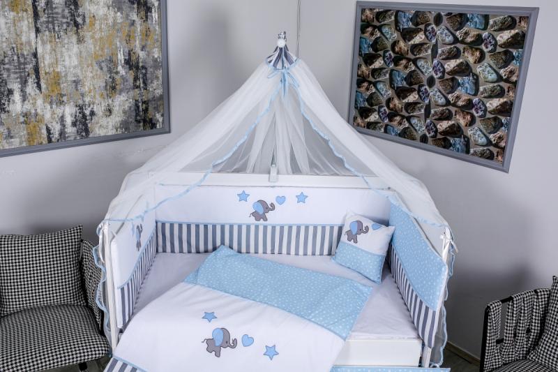 Lenjerie MyKids 11 piese Elephant gri-albastru cu baldachin 120x60 cm