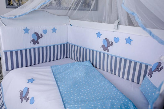 Lenjerie MyKids 11 piese Elephant gri-albastru cu baldachin 120x60 cm