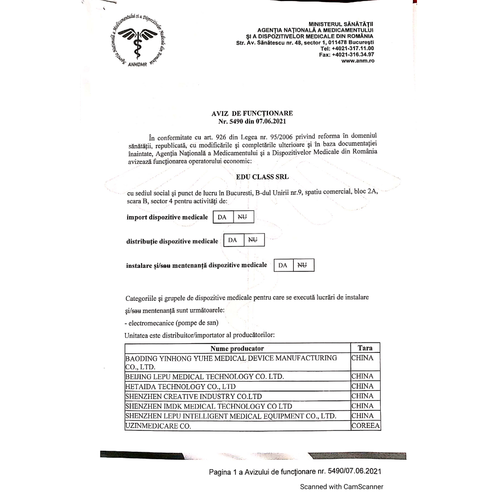 Pulsoximetru pentru deget, Certificat Medical