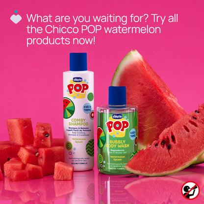 Gel de dus spumant Chicco POP cu aroma de pepene rosu, formula vegana, pentru copii si adolescenti 300 ml