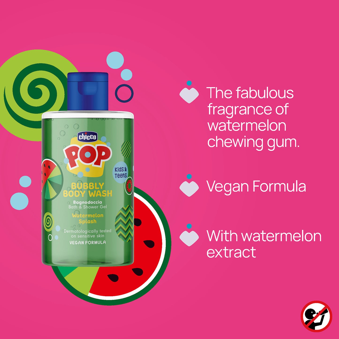 Gel de dus spumant Chicco POP cu aroma de pepene rosu, formula vegana, pentru copii si adolescenti 300 ml