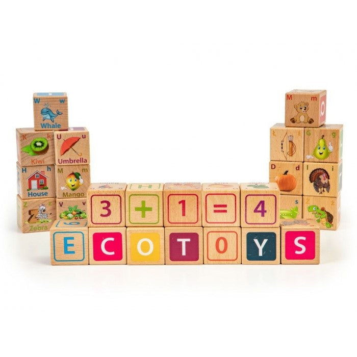 Cuburi educationale din lemn cu litere, cifre si imagini Ecotoys HM014520