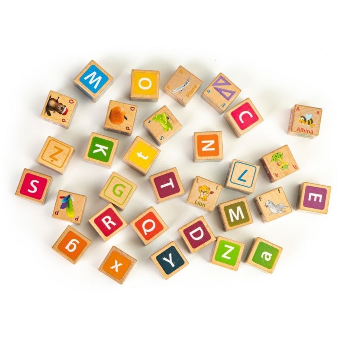 Cuburi educationale din lemn cu litere, cifre si imagini Ecotoys HM014520