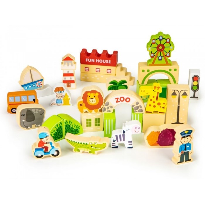 Blocuri din lemn Ecotoys HM015501 Zoo - 120 elemente