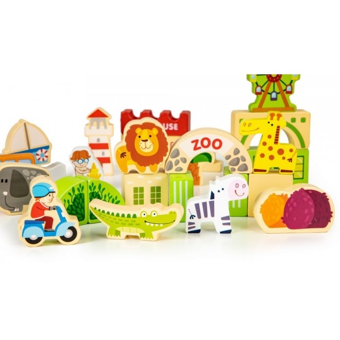 Blocuri din lemn Ecotoys HM015501 Zoo - 120 elemente
