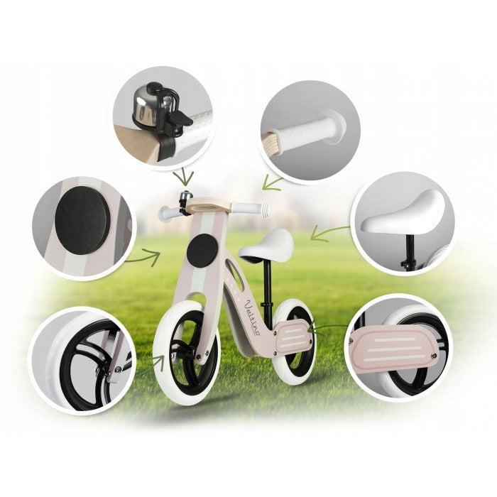 Bicicleta fara pedale din lemn cu roti din spuma EVA Ricokids Veltino RC-619 - Roz deschis