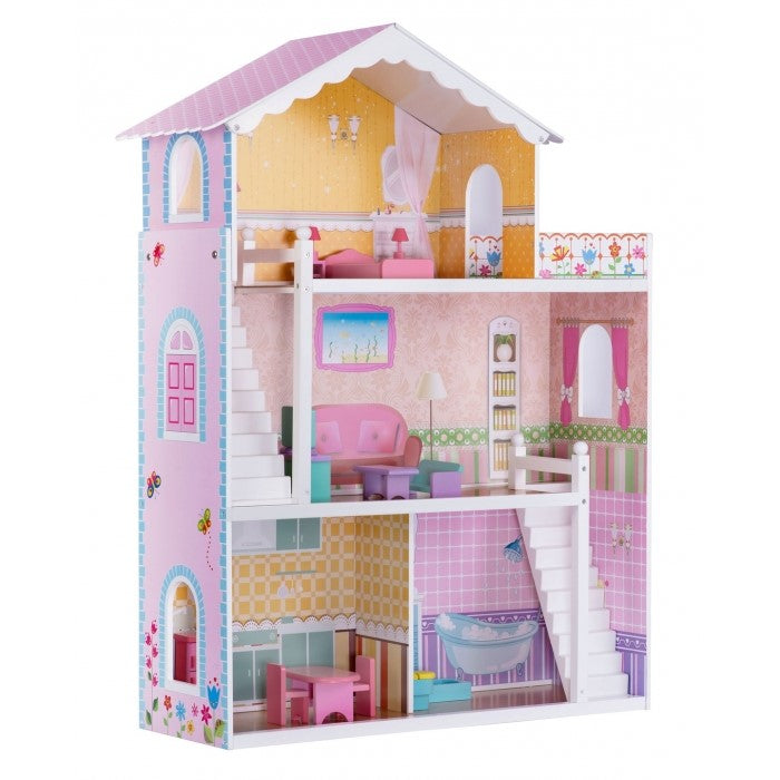 Casuta din lemn pentru papusi cu 3 etaje, mobilier si terasa Ricokids 7830 - Roz