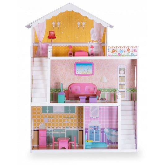 Casuta din lemn pentru papusi cu 3 etaje, mobilier si terasa Ricokids 7830 - Roz